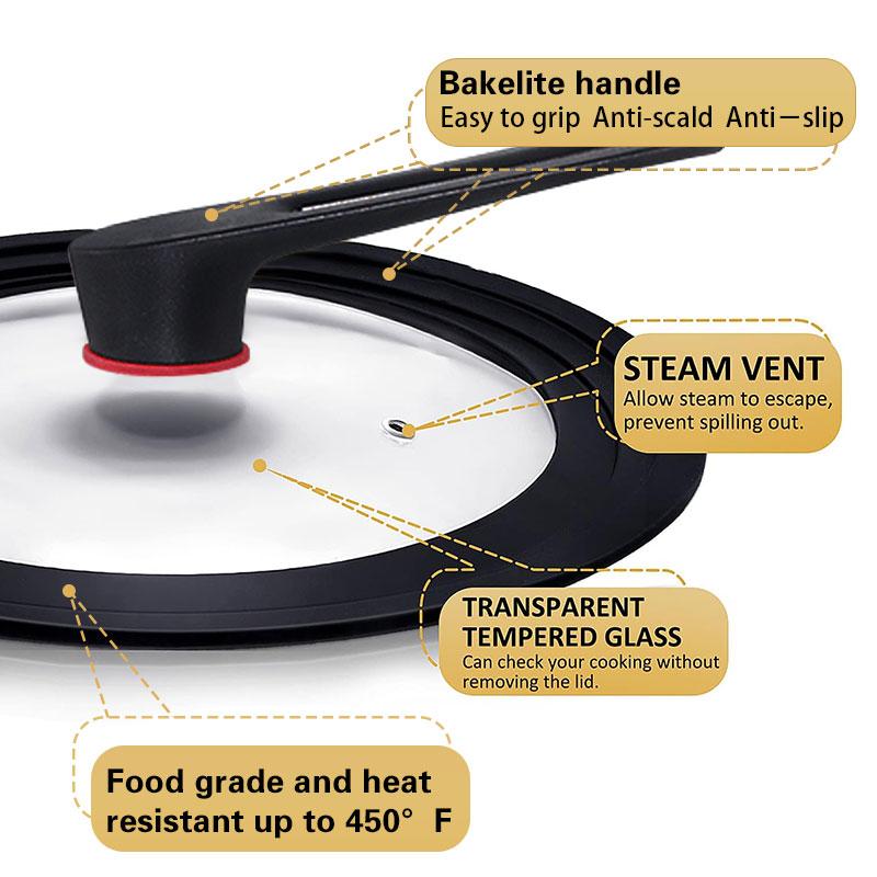 Silicone Universal Pan Lid with Standing Handle Kitchen Pot Skillet Frying Pan Cover Cookware Tempered Glass Replacement Pan Lid