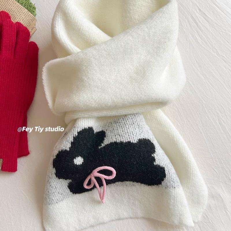 Sweet Cool Rabbit Handmade Bow Winter Warm Scarf Women's Knitted Wool Imitation Cashmere Scarf Solid Color Cartoon Korean