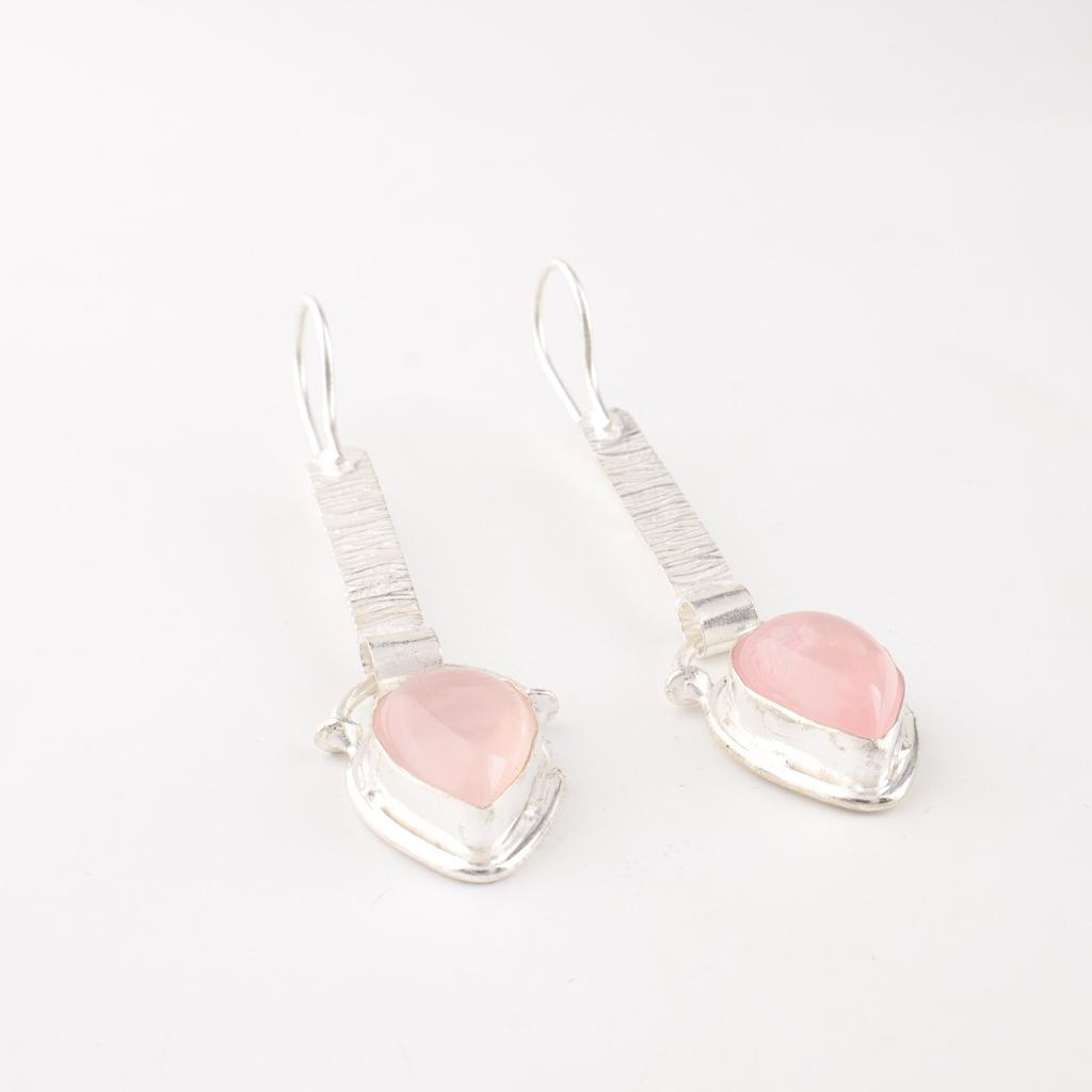 Natural Rose Quartz Gemstone 925 Sterling Silver Jewelry Handmade Earrings 2.3" EE-166-28