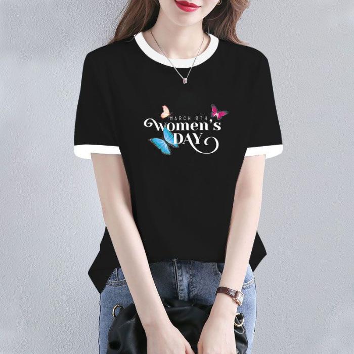 

100% cotton short-sleeved t-shirt women s summer wear new splicing contrasting color crew neck top 2XL чорний