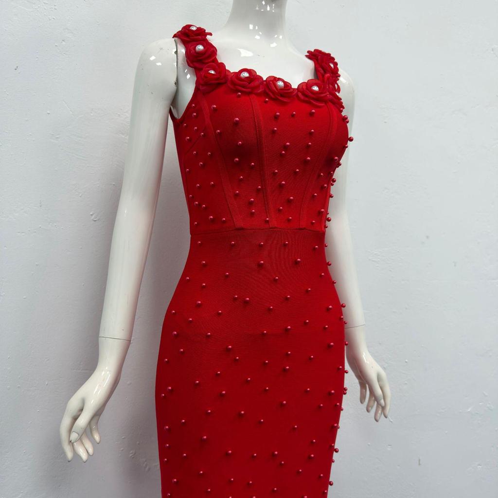 Elegante Vestido de Noite Bandage Quadrado com Alças Finas e Contas