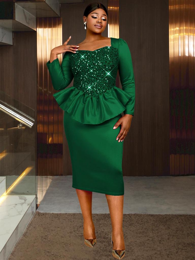 Plus Size Black Rhinestone Square Neck Ruffled Bodycon Evening Dress for Women