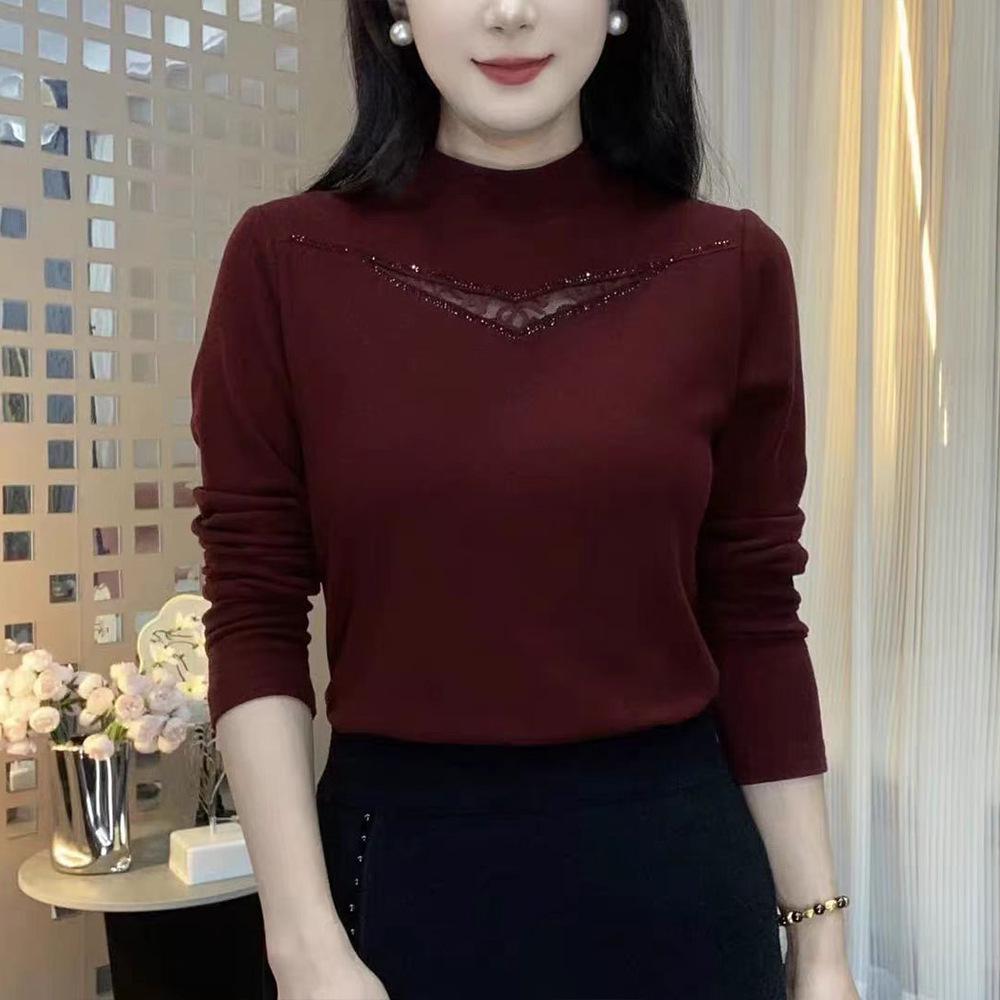 

Korean Fashion Lace Patchwork Thermal Fleece Top with Rhinestones - Long Sleeve, Anti-Aging, Tummy Concealing, Warm for Moms L