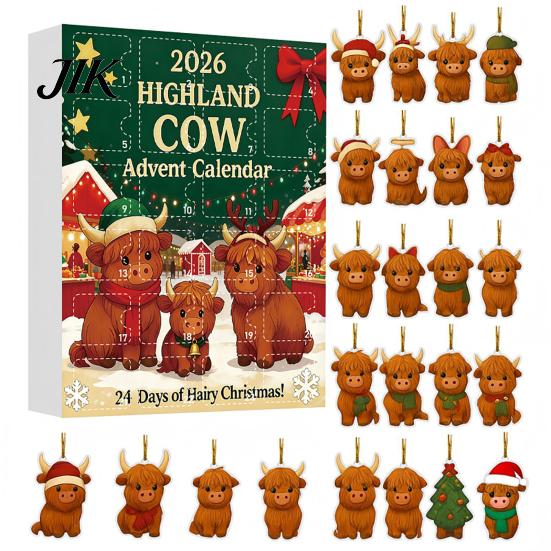 Christmas Tree Decorations Highland Cow Advent Calendar with 24 Acrylic Ornaments, Festive Countdown Party Supplies Box for Holiday Hanging Decor And