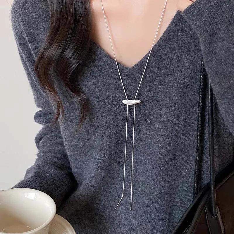 Fashion Metal Long Pull Necklaces for Women Luxury Elegant Silver Color Matte Snake Bone Chain Necklace Jewelry Accessories Gift