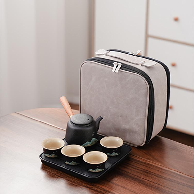 Black Pottery Travel Kung Fu Tea Set Portable Household Outdoor Ceramic Tea Pot Drinking Tea Cup Dry Brewing Plate Small Set