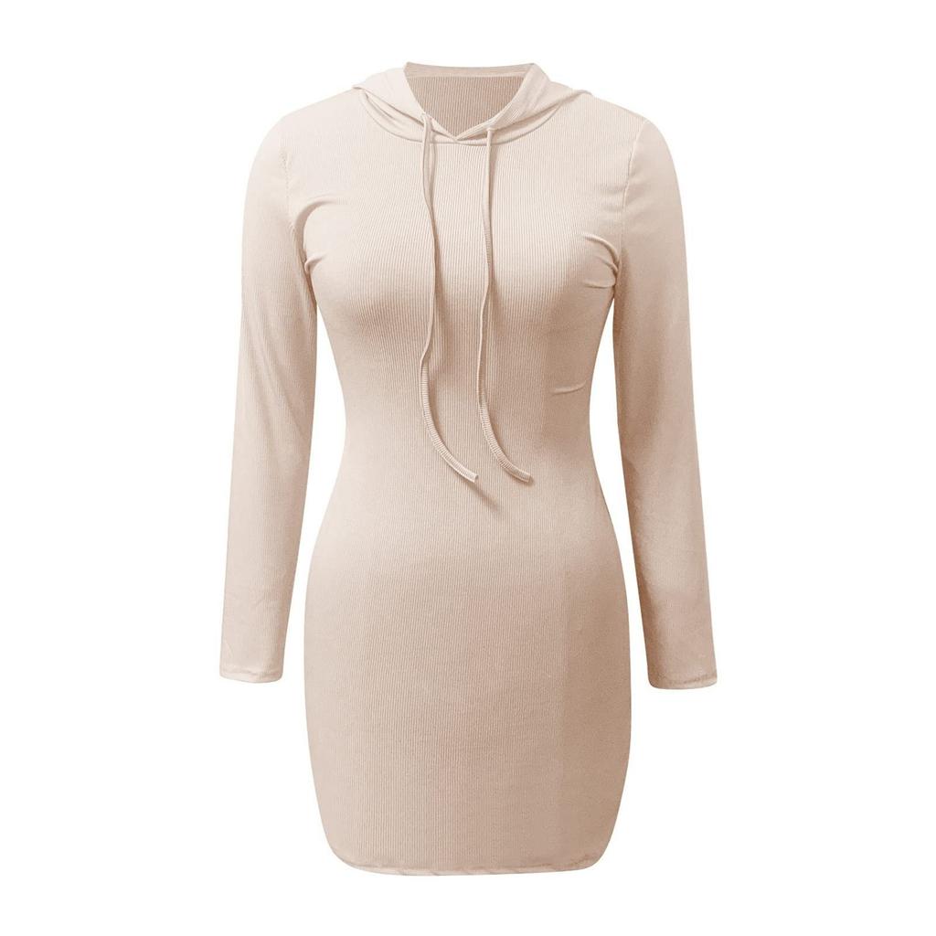 Moda Feminina Vestido Elegante com Capuz e Quadril Manga Longa Cor Sólida