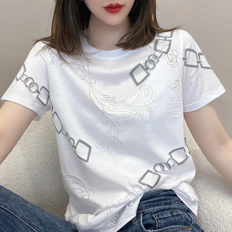 Summer Korean Fashion Round Neck Loose Casual Chain Printing Tee Women Short Sleeve All-match Pullover T-shirt Female Tee