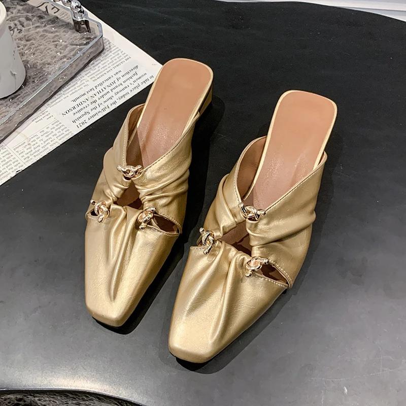Fashion Women Slippers Square Toe Heeled Sandals Mules Shoes Woman 2025 Trend Designer Dress Pumps Summer Soft Leather Slides Plus Size
