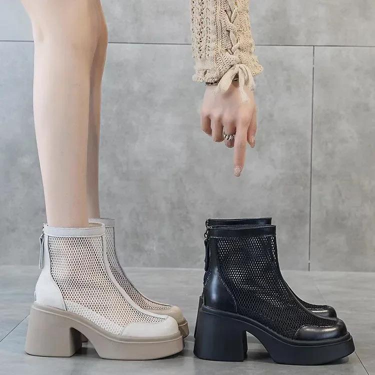 Women Fashion Boots 35-40 New Mesh Hollow Breathable Zipper High-heeled Short Boots Summer Thin Section Of The Short Cold Boots