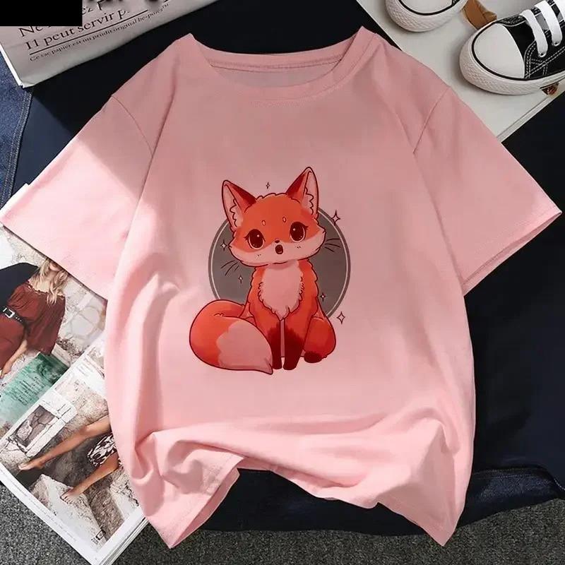 Kawaii Fox Print Ladies Tshirt Ladies Casual Basis Ocollar White T Shirt Short Sleeve Ladies Tshirt Cute Animal Graphics Tops