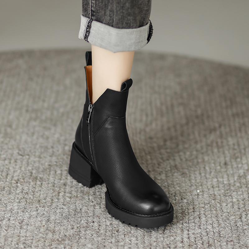 Fashion 2024 New Winter Women Shoes Platform Boots Fashion Women Boots Round Toe Chunky Heel Boots Women Solid Women Shoes Leather Shoes