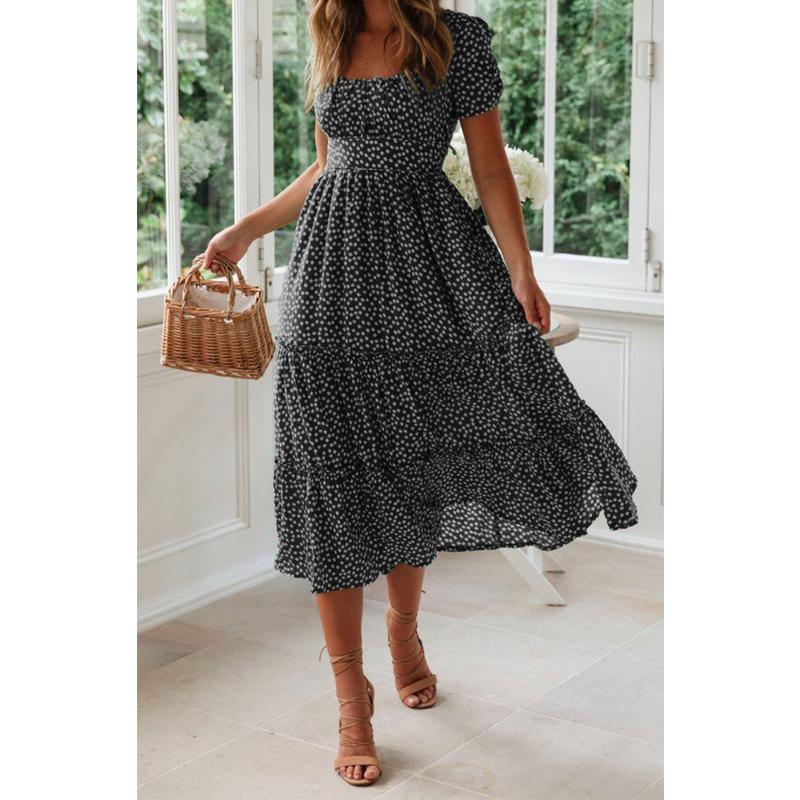 Women's French Vintage Floral Print Midi Dress Square Neck Puff Short Sleeve High Waist Chiffon Tiered Summer Casual Holiday Party Ladies Dress