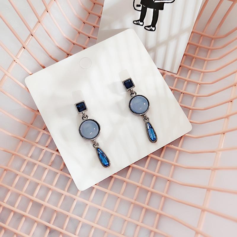 S925 Silver Needle Blue Water Drop Cat's Eye Stone Morandi Crystal Geometric Stud Earrings