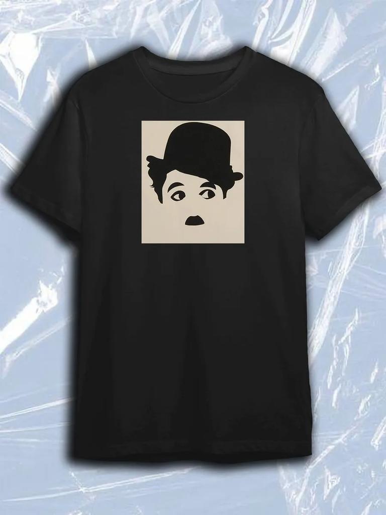 TeeSensation Schwarzes T-Shirt mit Rundhalsausschnitt und Kurzarm mit minimalistischem Porträt von Charlie Chaplin