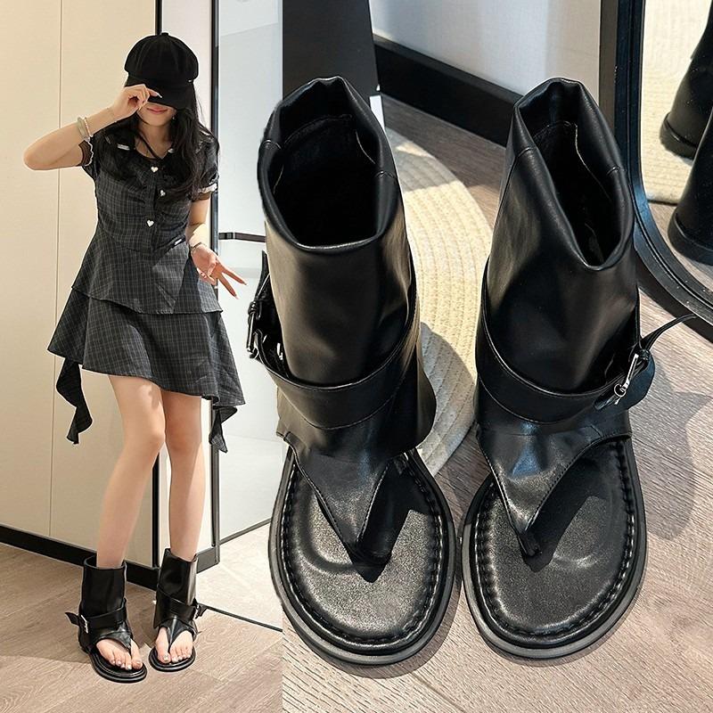 Mode Braune Sandalen Retro Schnalle Sommer Flache Sandale Lässige High-Top Schuhe Schwarz Sendale Femme 2025