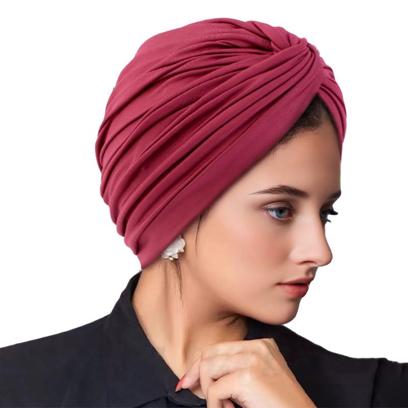 

New Women s Stretchy Twist Pleasted Hair Wrap Turban Caps Muslim Cancer Chemo Beanie Cap Headwear Sleep Hat One Size вина червоного кольору