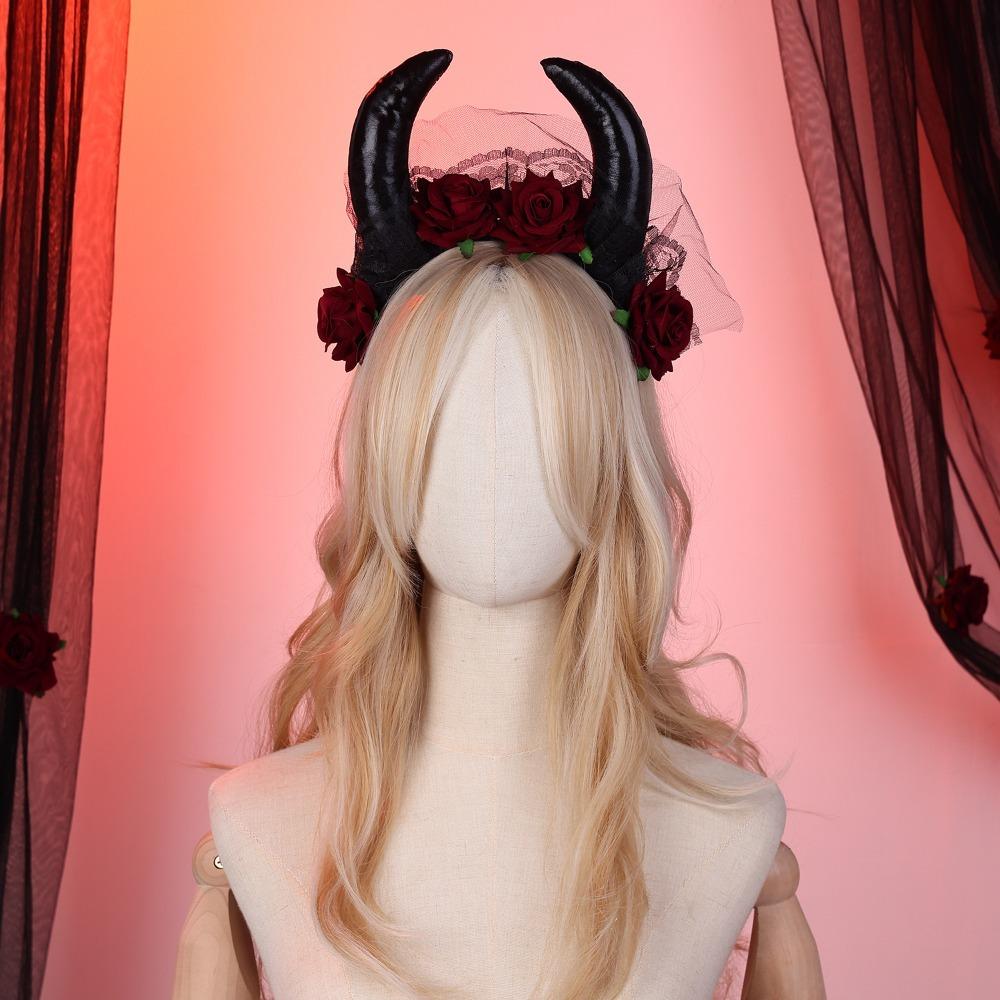 Lace Trim Halloween Cow Horns Headband Flowers Design Red Rose Headband  Women's Accessories