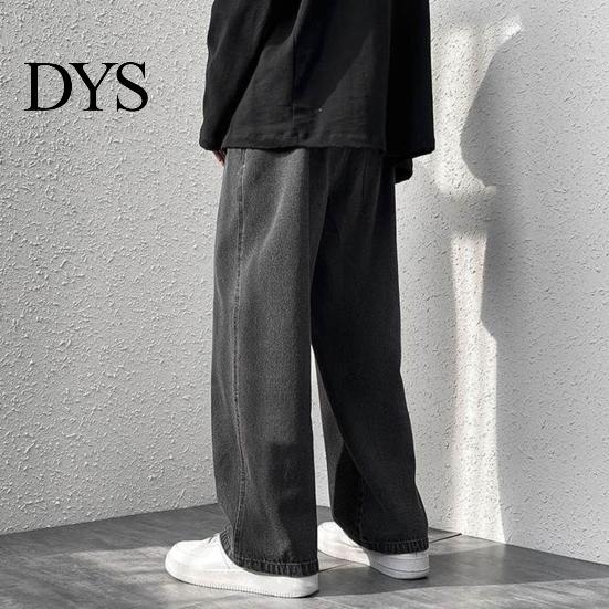 Strong Denim Fabric Overalls Men Jeans Wide Leg Pants Baggy Trouser Fashion Loose Retro Straight Solid-color Waist Button Long Washed Blend