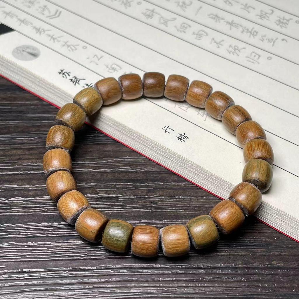 Ethnic Green Sandalwood Straight-Cut Barrel Bead Bracelet, Handmade Unisex Cultural Play Single Loop