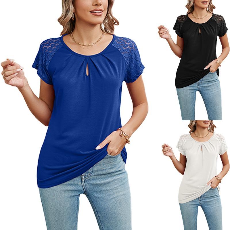 2024 Summer Lace Short Sleeve Loose Blouse for Women Fashion Solid Round Neck Casual Shirt Women Tops Elegant Simple Plus Size Female Blouses 24314