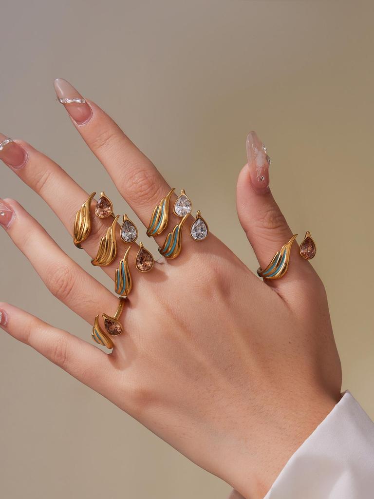 Oumaijia Fashion Stainless Steel Zircon Geometric Enamel Open Ring