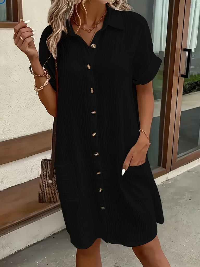 Summer casual solid color shirt breasted medium and long short-sleeved loose dress women's clothing