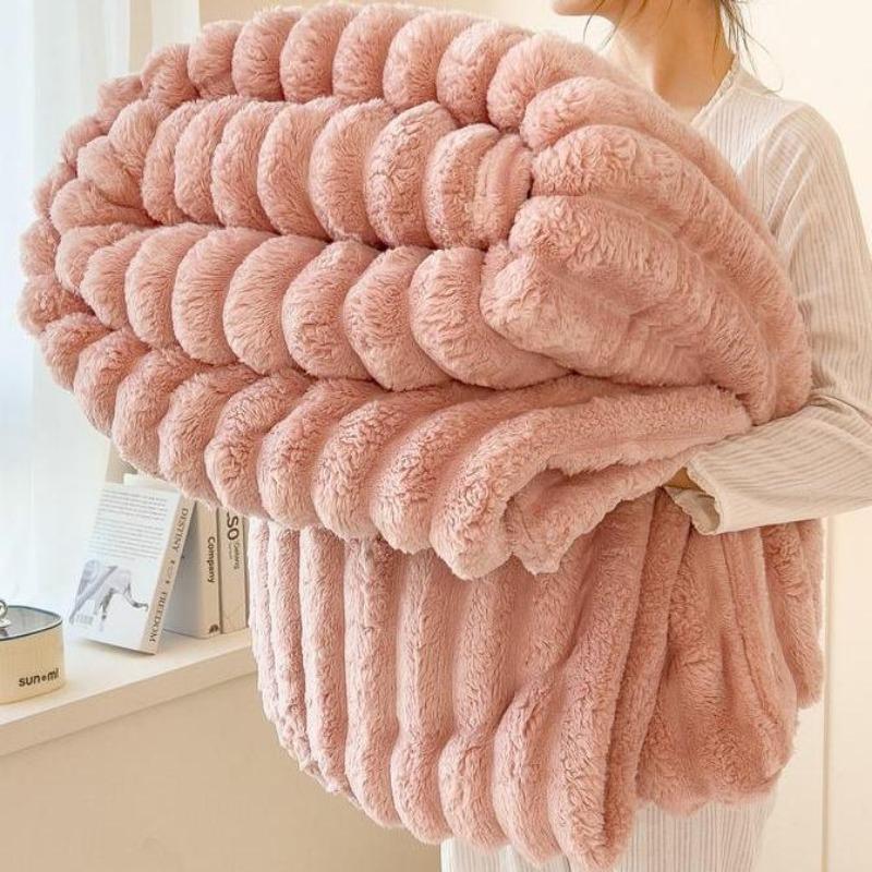 Ultra Soft Faux Rabbit Fur Throw Blanket Warm Plush Striped Blankets Conditioning Quilt Multi Functional Sofa Cover Blanket