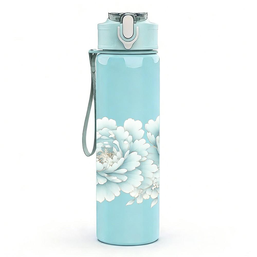 1PC White Peony Floral Pattern 750ml Color Plastic Sports Water Bottle Leakproof Flip Straw Lid Suitable for Sports Office Home Use
