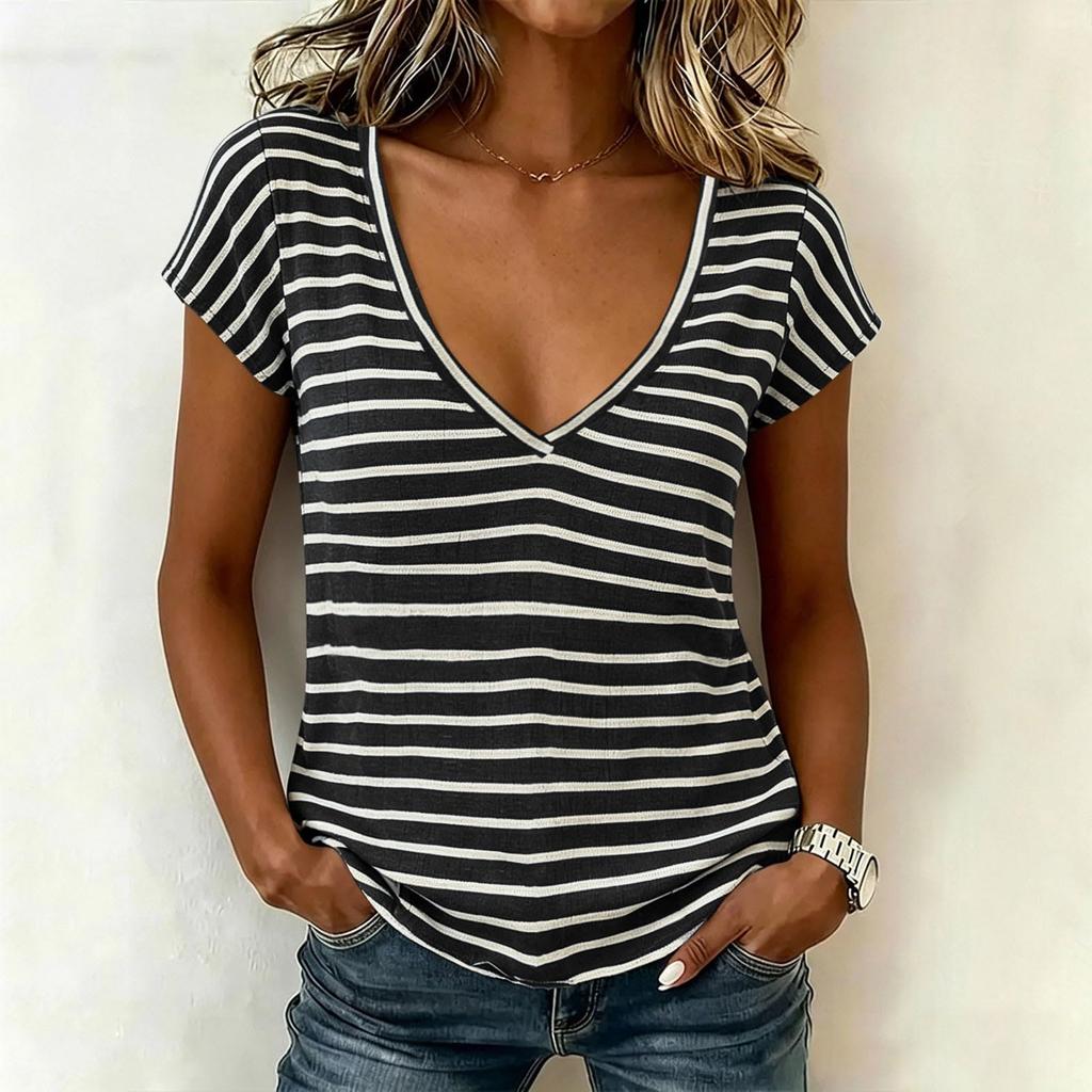 Women Casual V Neck Short Sleeve T Shirt Striped Pattern Lightweight Soft Fabric Summer Top