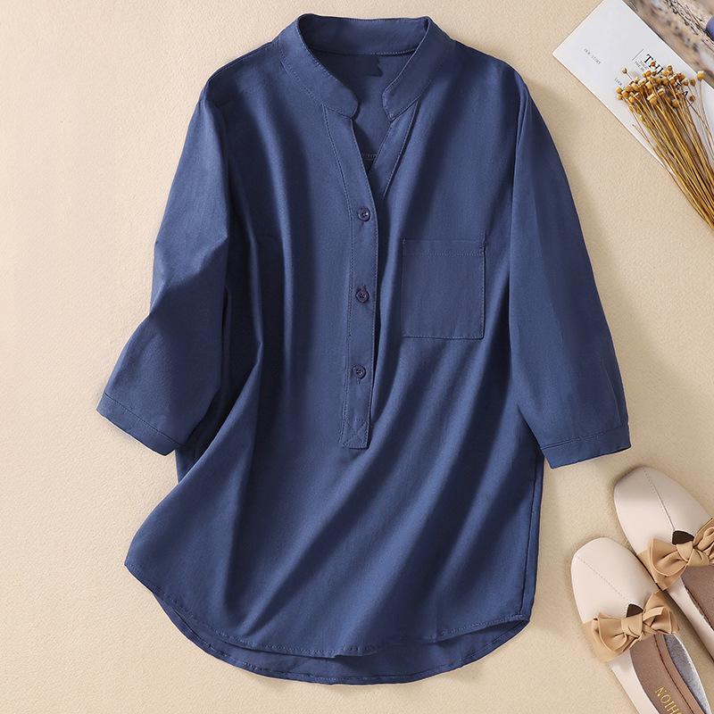 

Женская хлопковая льняная рубашка с воротником-стойкой и коротким рукавом в стиле ретро на лето и осень 4XL темно-синий