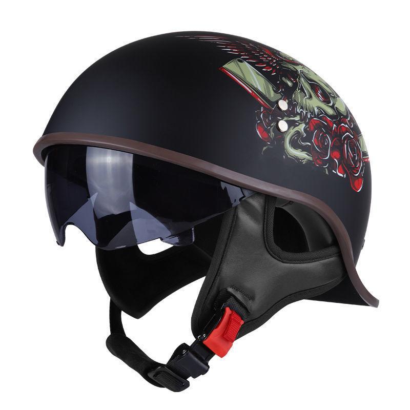 Motorcycle Helmet Men's Summer Half Helmet Retro Women's Electric Car, Locomotive Lightweight Scoop Helmet with Endoscope