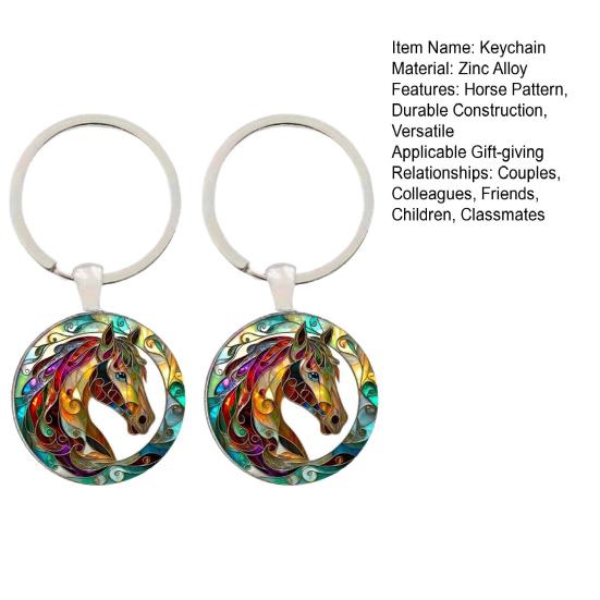 2Pcs Keychain 2D Flat Colorful Horse Pattern Metal Key Ring Rust-Resistant Bright Luster Decorative Bags Cars Wallets Pendant