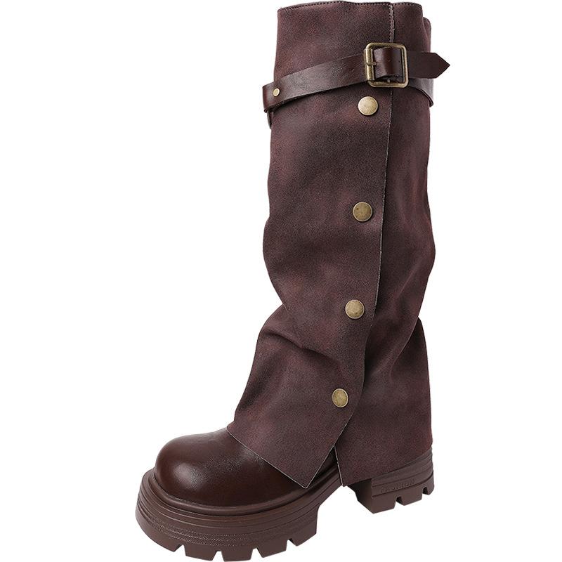 But knee leather boots retro heightening knight boots long boots women's autumn and winter fashion trouser boots