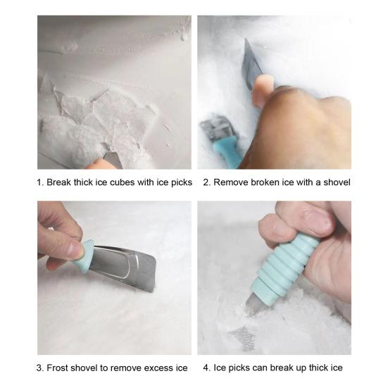 2Pcs Fridge De-icer Ice Scraper Stainless Steel Refrigerator Ice Shovel with Handle Three-layer Arc Design Freezer Cleaning Spatula Ergonomic