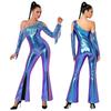 Womens Metallic Shiny Disco Flare Jumpsuit Sequin Tassels One Shoulder Long Sleeve Bell Bottoms Bodysuit