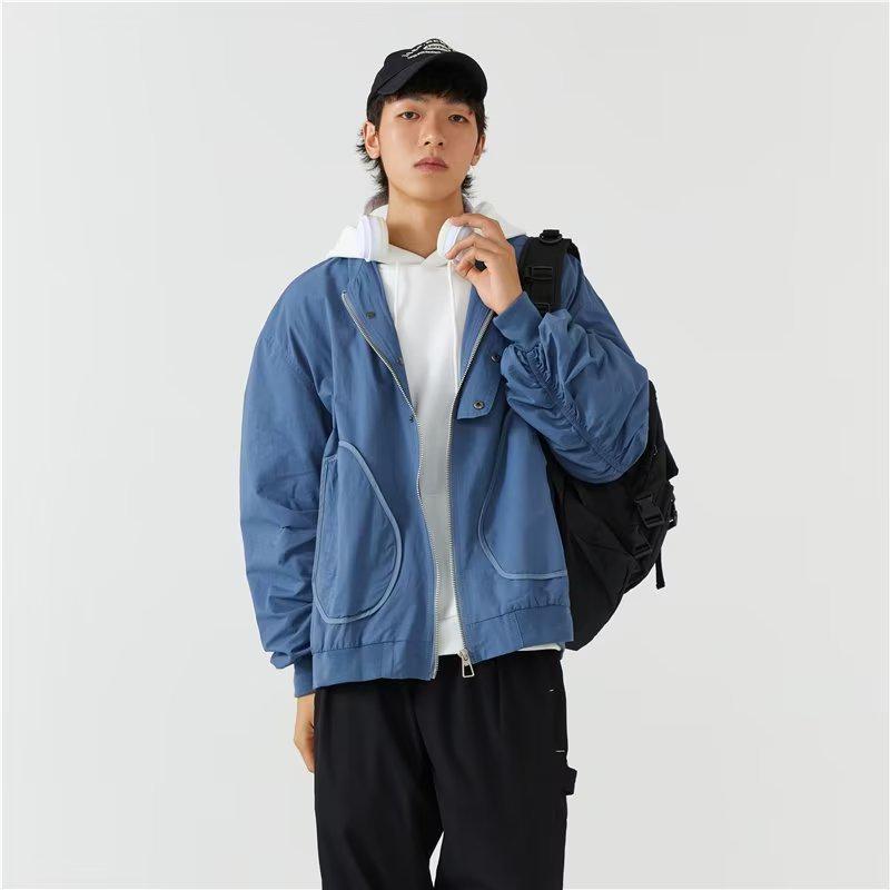 

Мужская куртка-бомбер в стиле ретро, однотонная, в японском стиле, с большими карманами, осень 2022 M синий