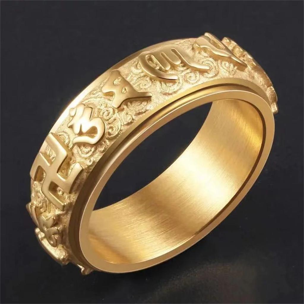 Classic Rotatable Ring Men Women Golden Titanium Steel Domineering Ring Om Mani Padme Hum Vintage Fashion Charm Trend Rings