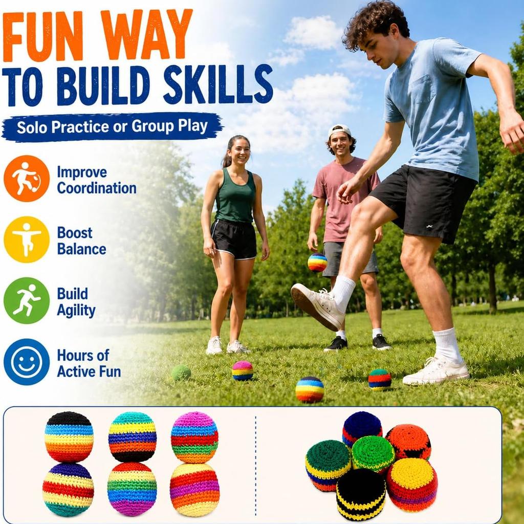 Hand-Made Knitted Footbag Sack Assorted Foot Bag Crochet Hacky Juggling Ball for Adults Multicolored Geometric Pattern