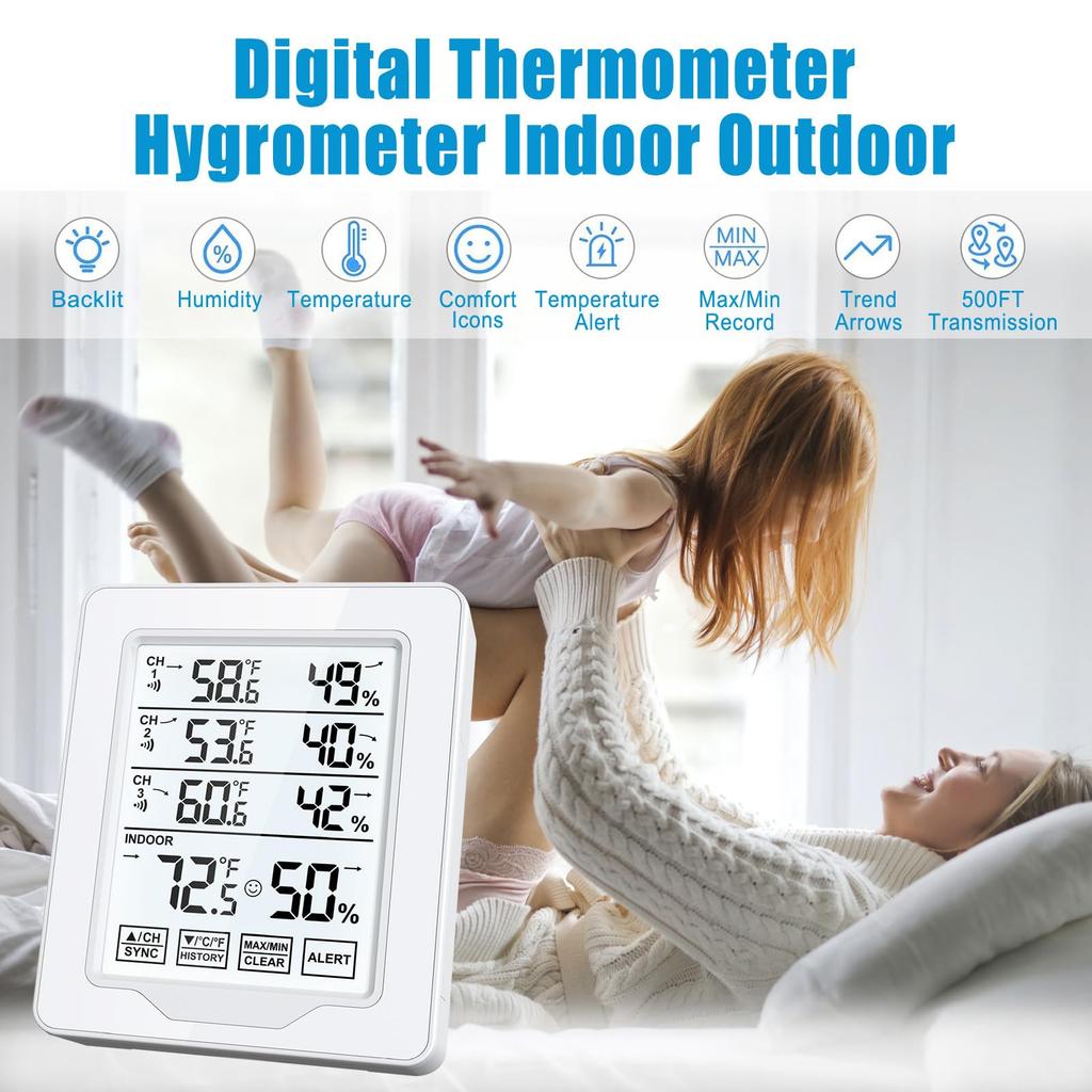 Multiple Room Wireless Thermometers Hygrometer 3 Sensors Indoor Outdoor Temperature Humidity Monitoring Display Alarm