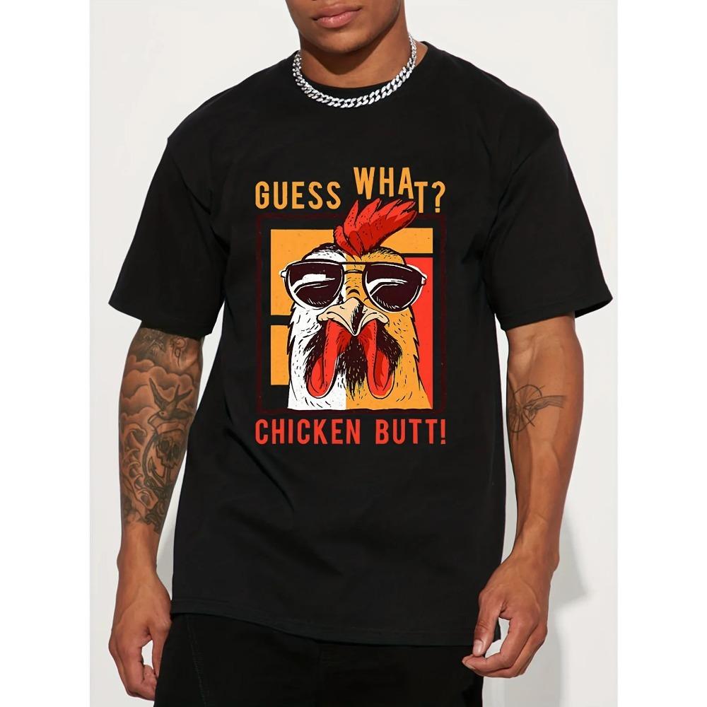 Funny Graphic Men's Lightweight , Black with Colorful Rooster Design, Machine Washable, Casual Short Sleeve Summer Tee