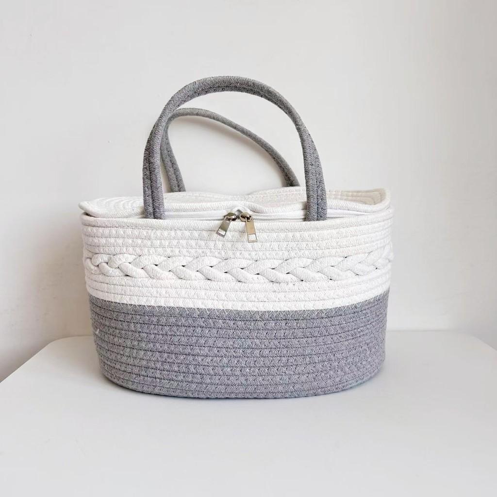 Baby Diaper Storage Basket With Cotton Material Portable Handwoven Organizer For Nursery Use
