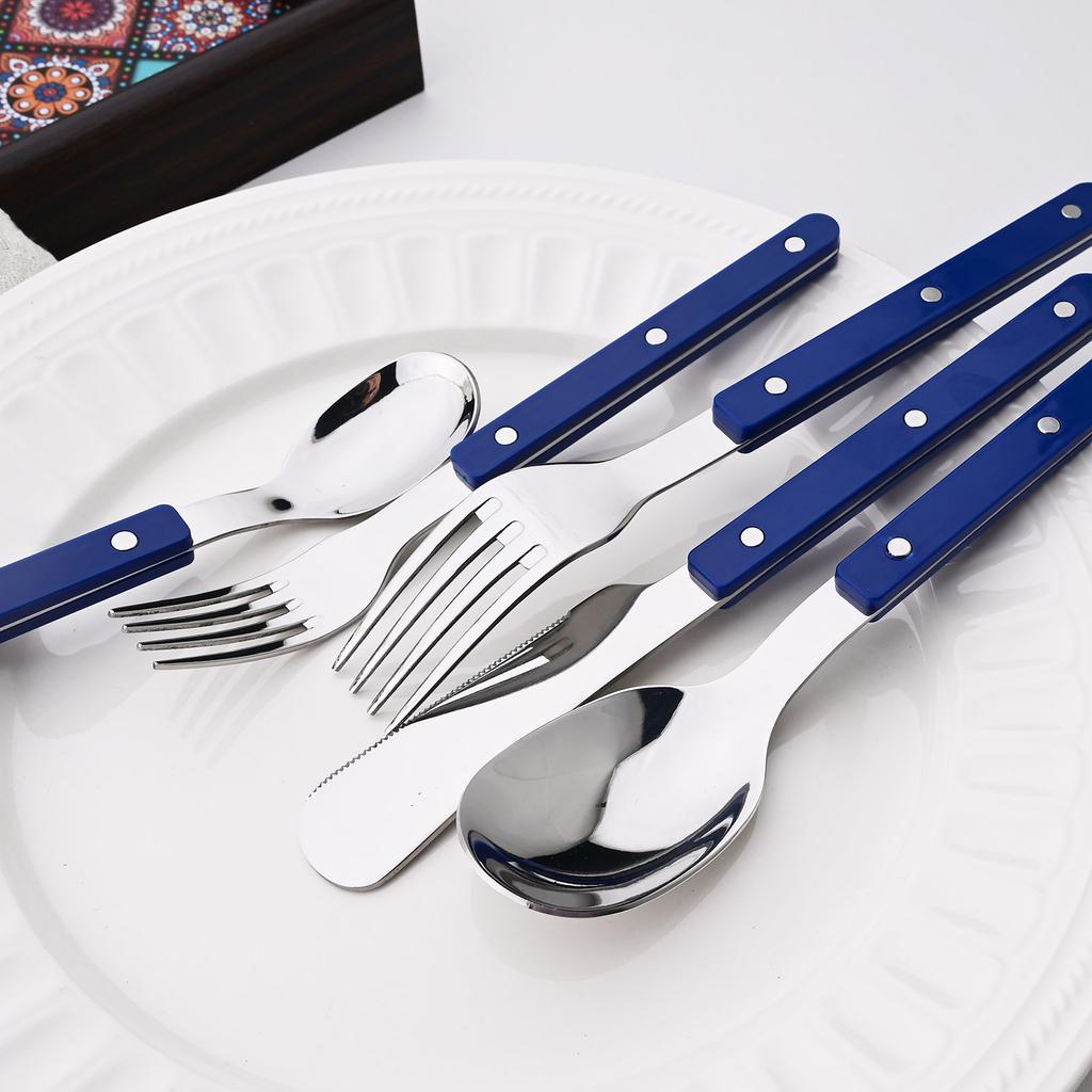 16 Pieces Color Handle Flatware Eating Utensils, Stainless Steel Tableware Rivet ABS Handle Design, Knives Forks Spoons for Home, Service for 4