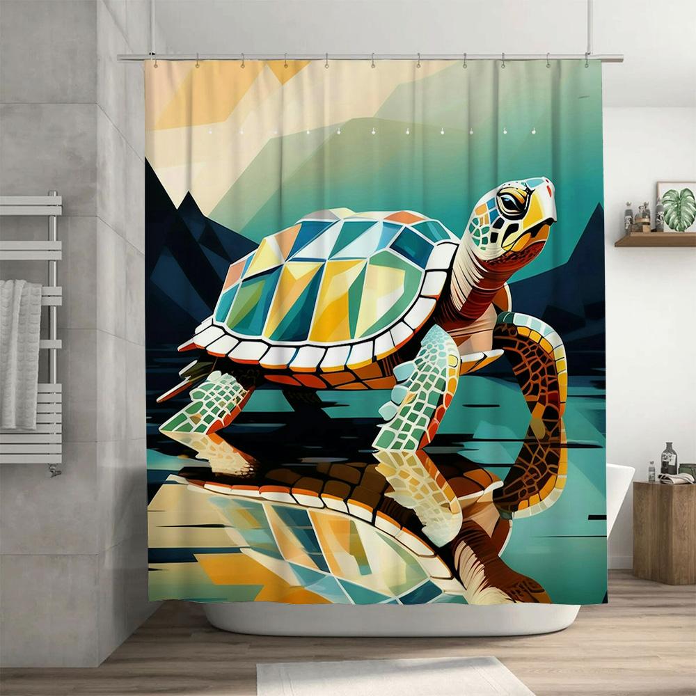 Stylish 3D Sea Turtle Bath Curtain Waterproof Shower Decor with Unique Geometric Patterns for Bathroom Renovation