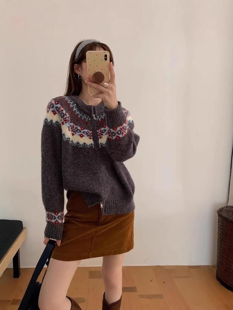 Women's Retro Fair Isle Zipper Cardigan - Autumn/Winter Loose, Casual, Slimming Knit Sweater