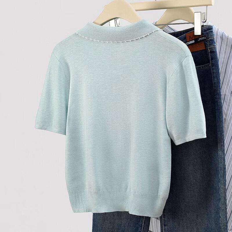 Women's Wool Blend Ice Silk Knit Polo T-Shirt