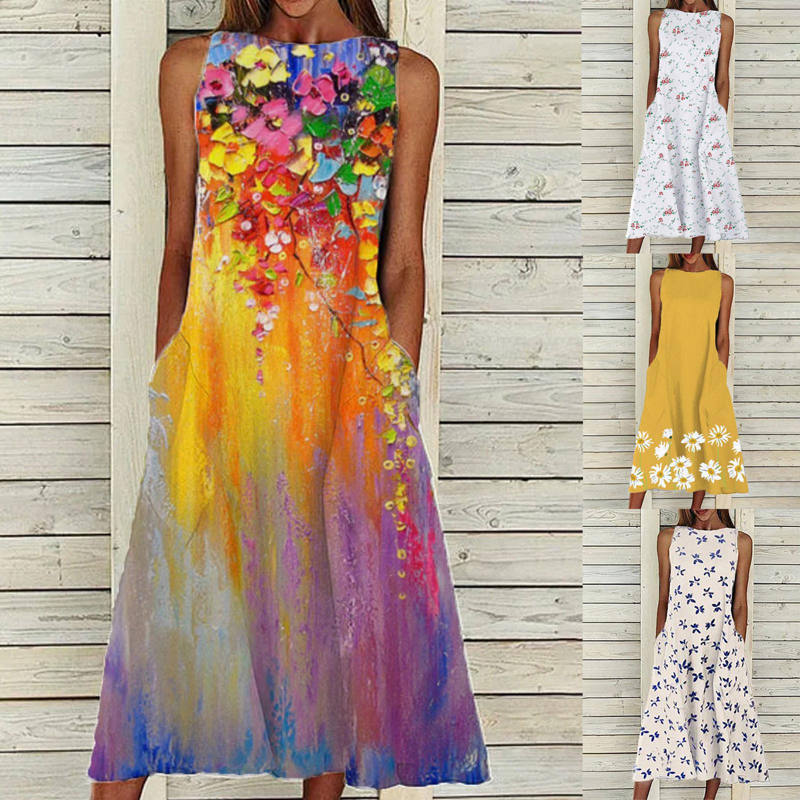 

Women Fashion Loose Sleeveless Pocket Long Dress Print Retro Dress