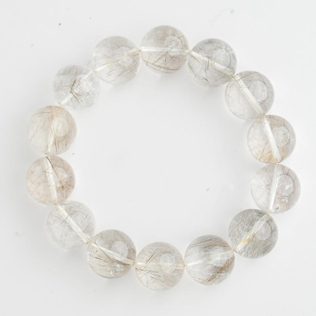 Eigado Silver Rutilated Quartz 17mm 19cm Wrist Limited Natural Power Prayer Good Luck Feng Shui Bracelet, Stone, Circumference, One-of-a-Kind,