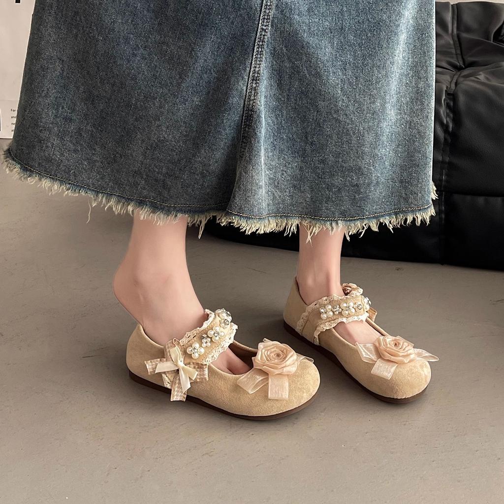 Velcro Pearl Mary Jane Shoes Women's Spring and Summer Casual Not Tired Feet Soft Sole Outer Wear Temperament Fairy Style Evening Single Shoes