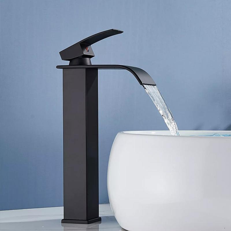 Black Home Waterfall Faucet Copper Core Hot Cold Wash Basin Faucet Bathroom Toilet Above Counter Basin Hot Cold Water Mixer Tap